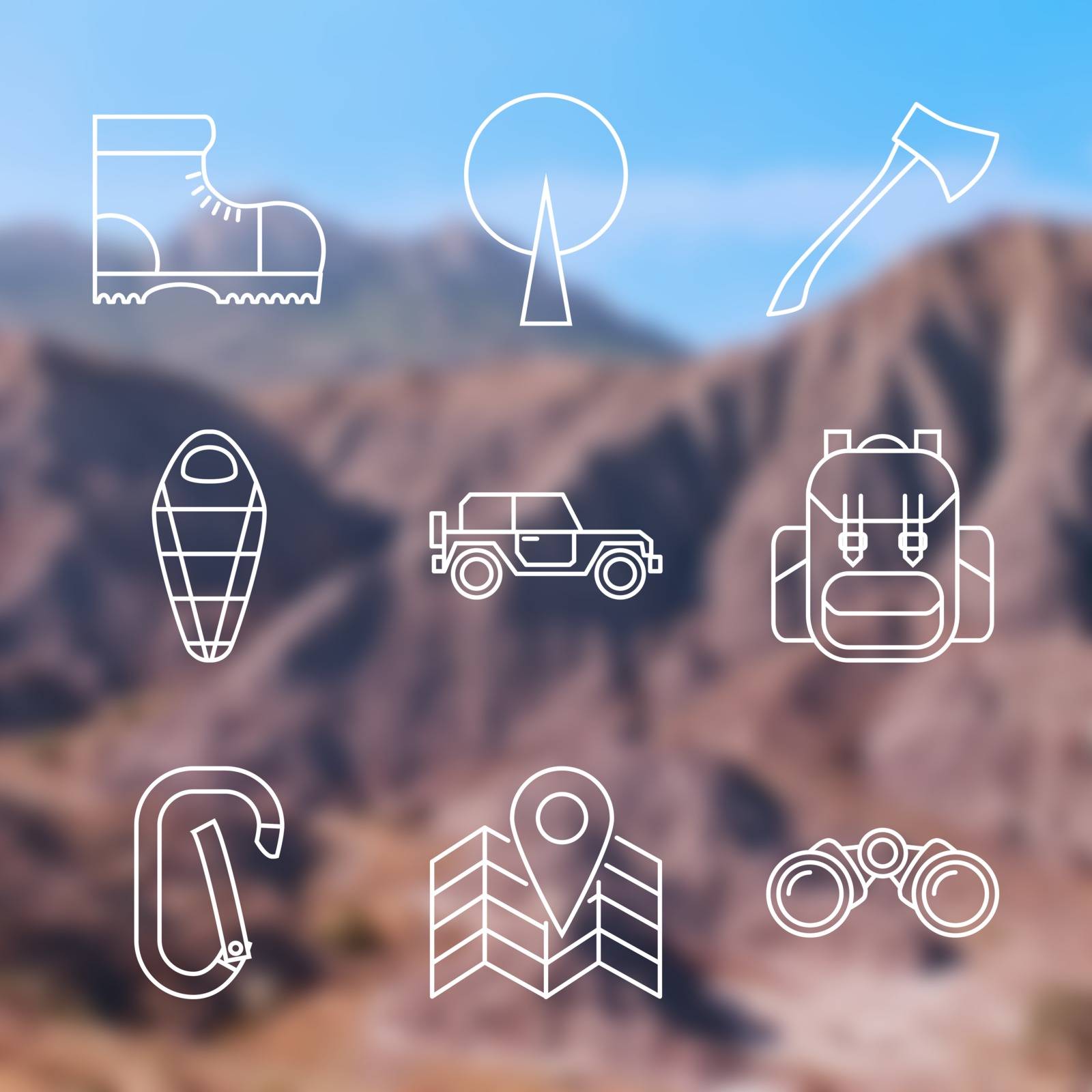Set of Outline stroke Camping icons on blurred background. Vector illustration