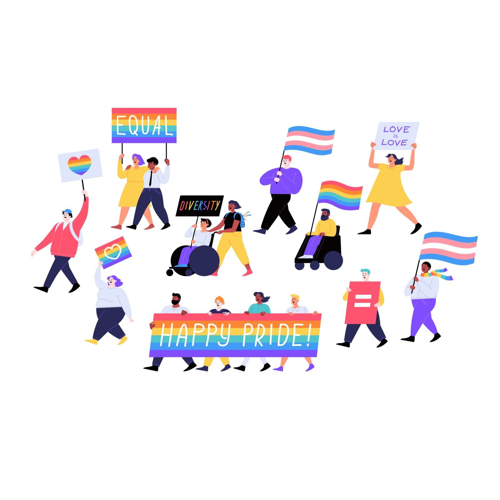 Different people marching on the pride parade holding placards and flags. Pride month concept