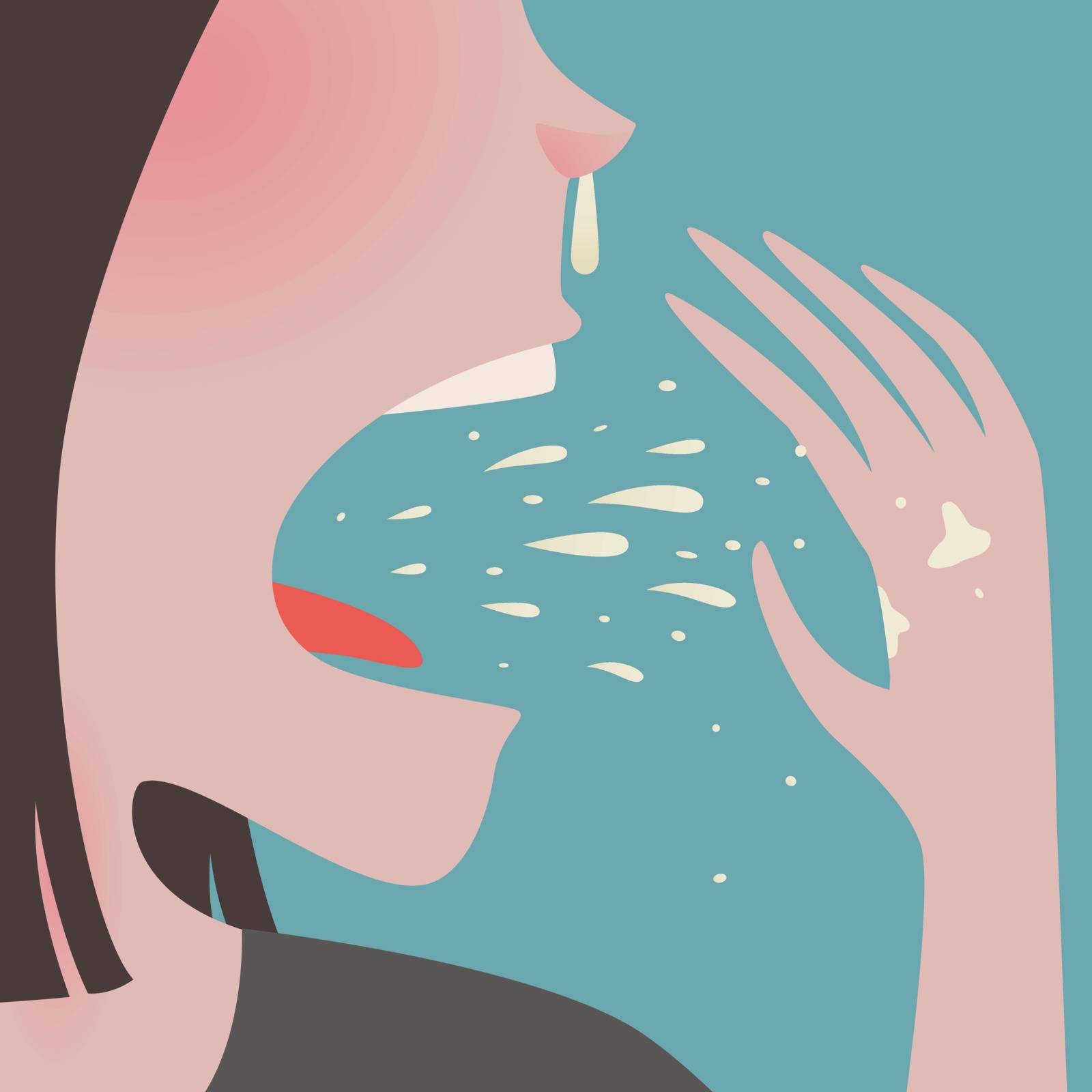 Closeup of unhealthy running nose young woman coughing with spit and saliva come out to her hand cover infected fluids.Epidemic disease concept.virus spreading.vector illustration.