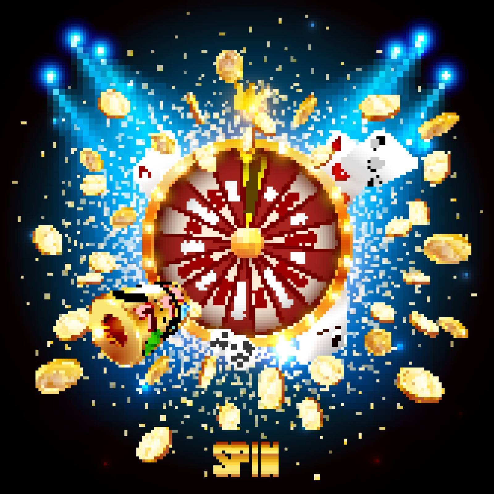Vector illustration spinning fortune wheel on explosion of gold coins background and with light spotlights. Realistic 3d lucky roulette.