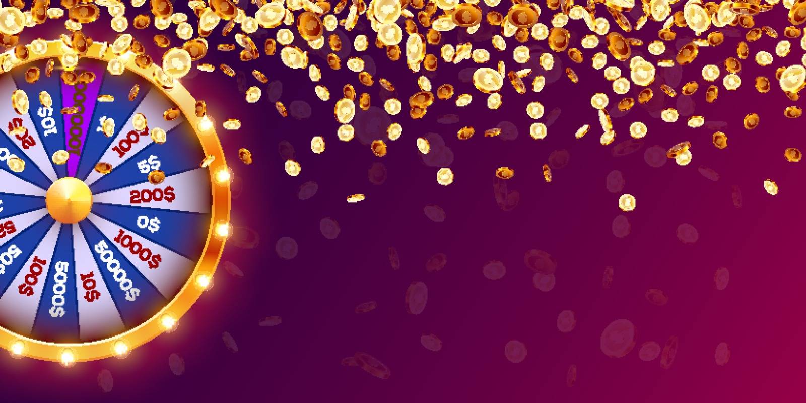 Vector illustration spinning fortune wheel on explosion of gold coins background. Realistic 3d lucky roulette.