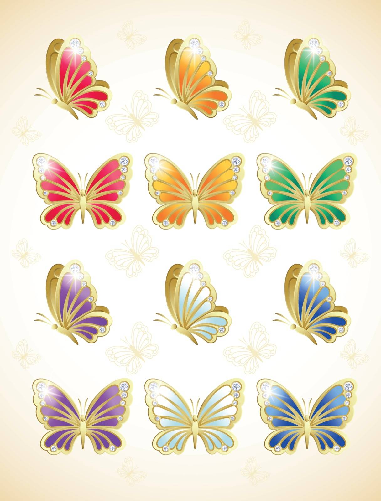 Set of precious Golden Butterflies with diamond stones for your creative works. Vector illustration  .