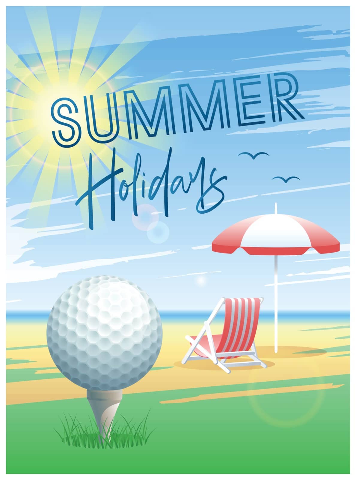 Summer Holidays. Sports card. Golf ball with deck chair and beach umbrella on the beach background. Vector illustration.