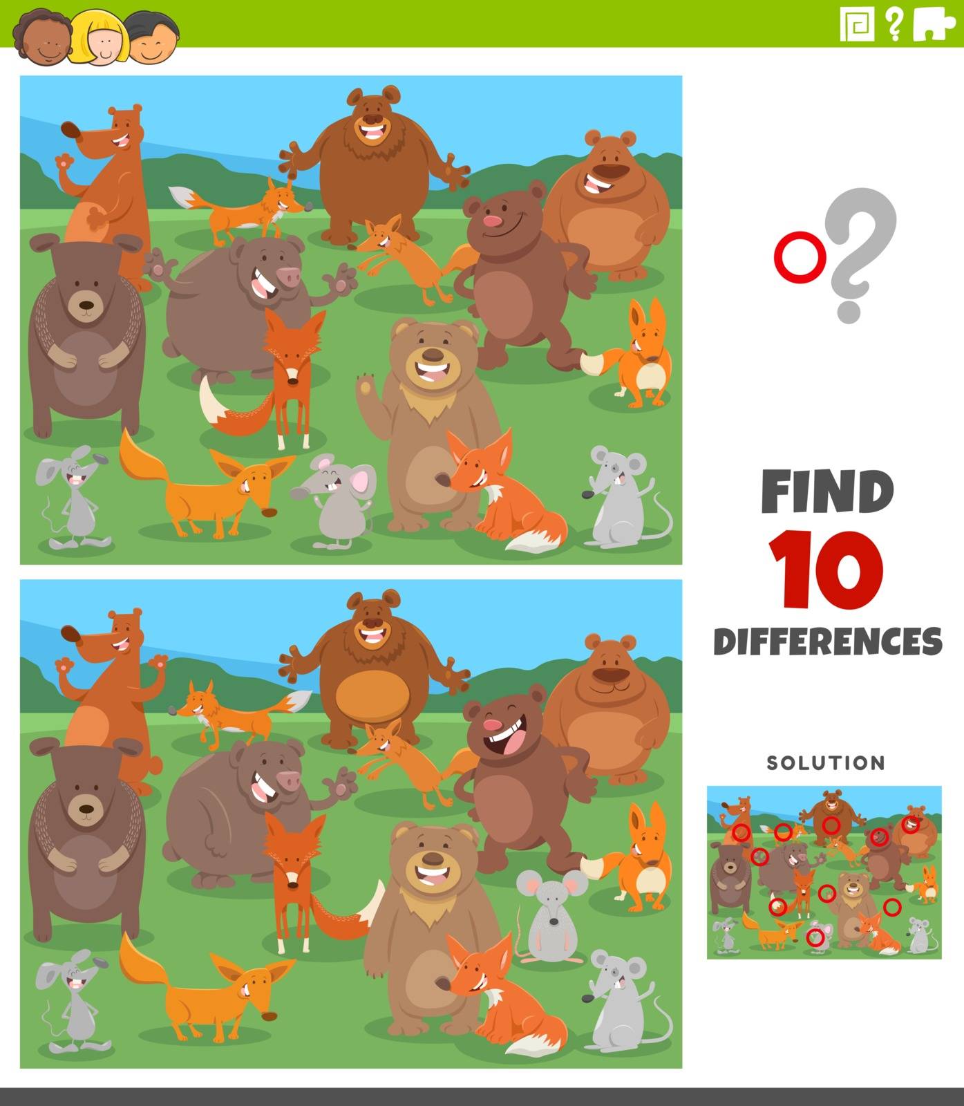 Cartoon Illustration of Finding Differences Between Pictures Educational Game for Kids with Funny Wild Animal Characters Group