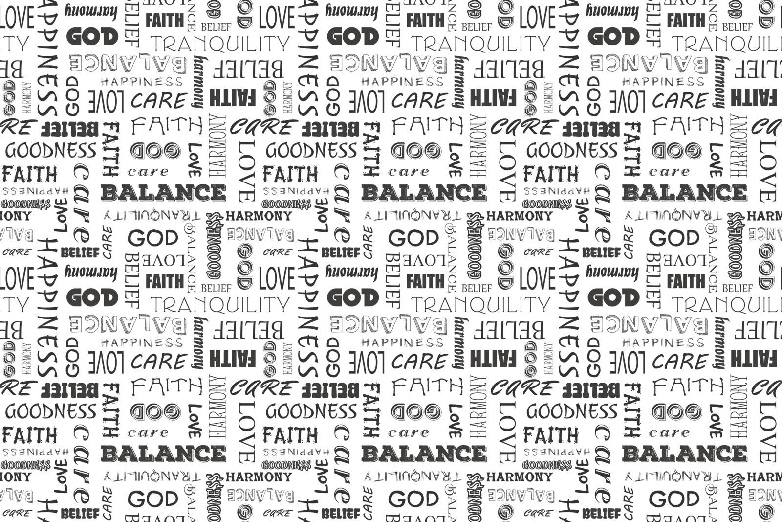 Religion faith God seamless vector text pattern: love, peace, balance, happiness, faith, God, belief, care, goodness, tranquility, harmony. illustration graphic background. by V_ktoria