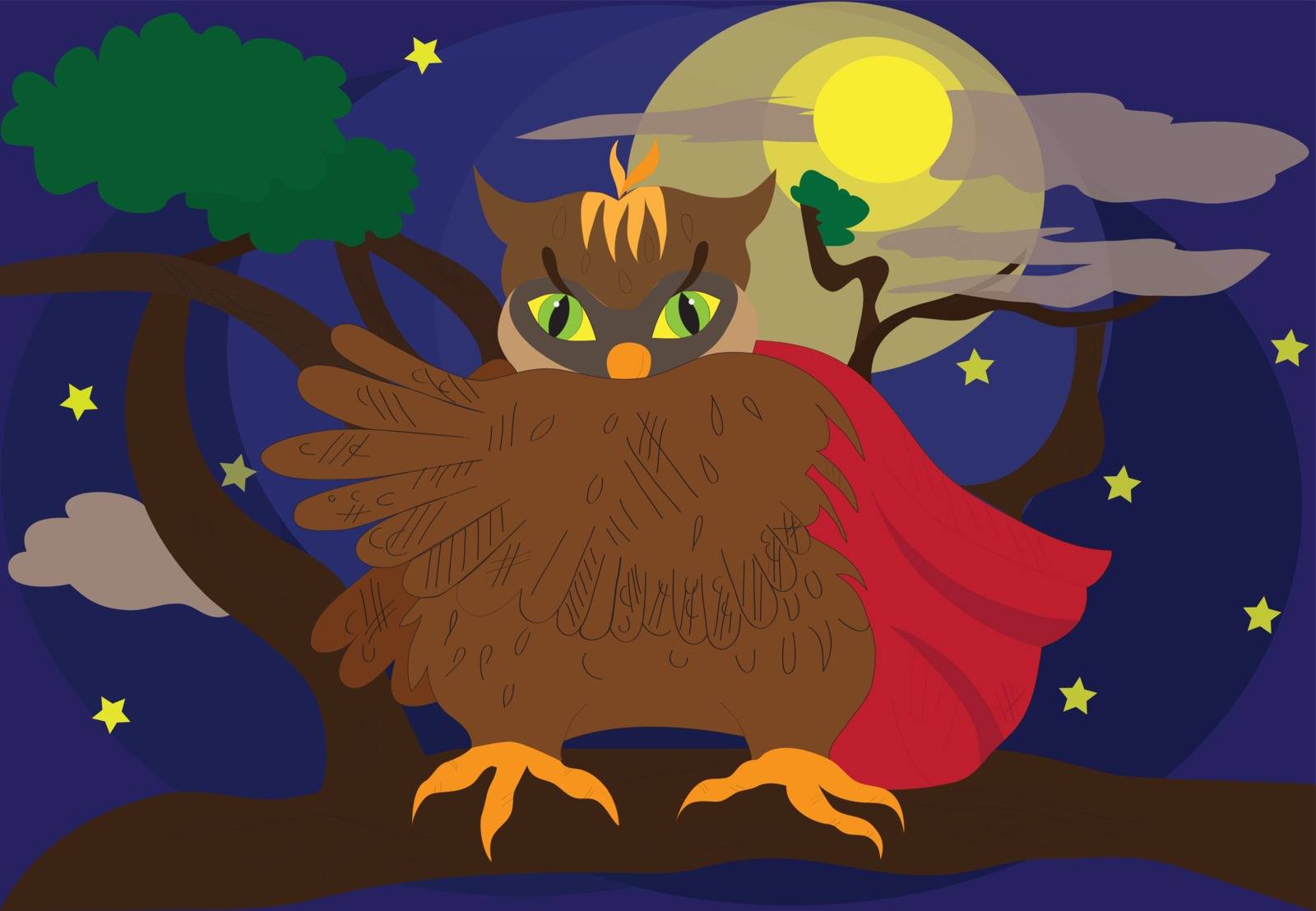 vector illustration of an owl on a branch at night, an owl in a raincoat
