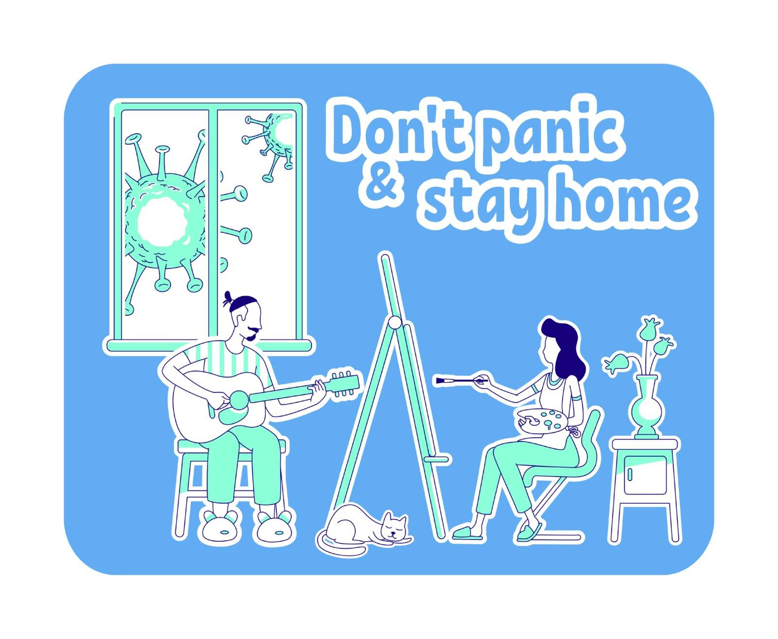 Dont panic and stay at home thin line concept vector illustration. Couple learning creative hobbies. Man, woman relax. Quarantine 2D cartoon characters for web design. Self isolation creative idea