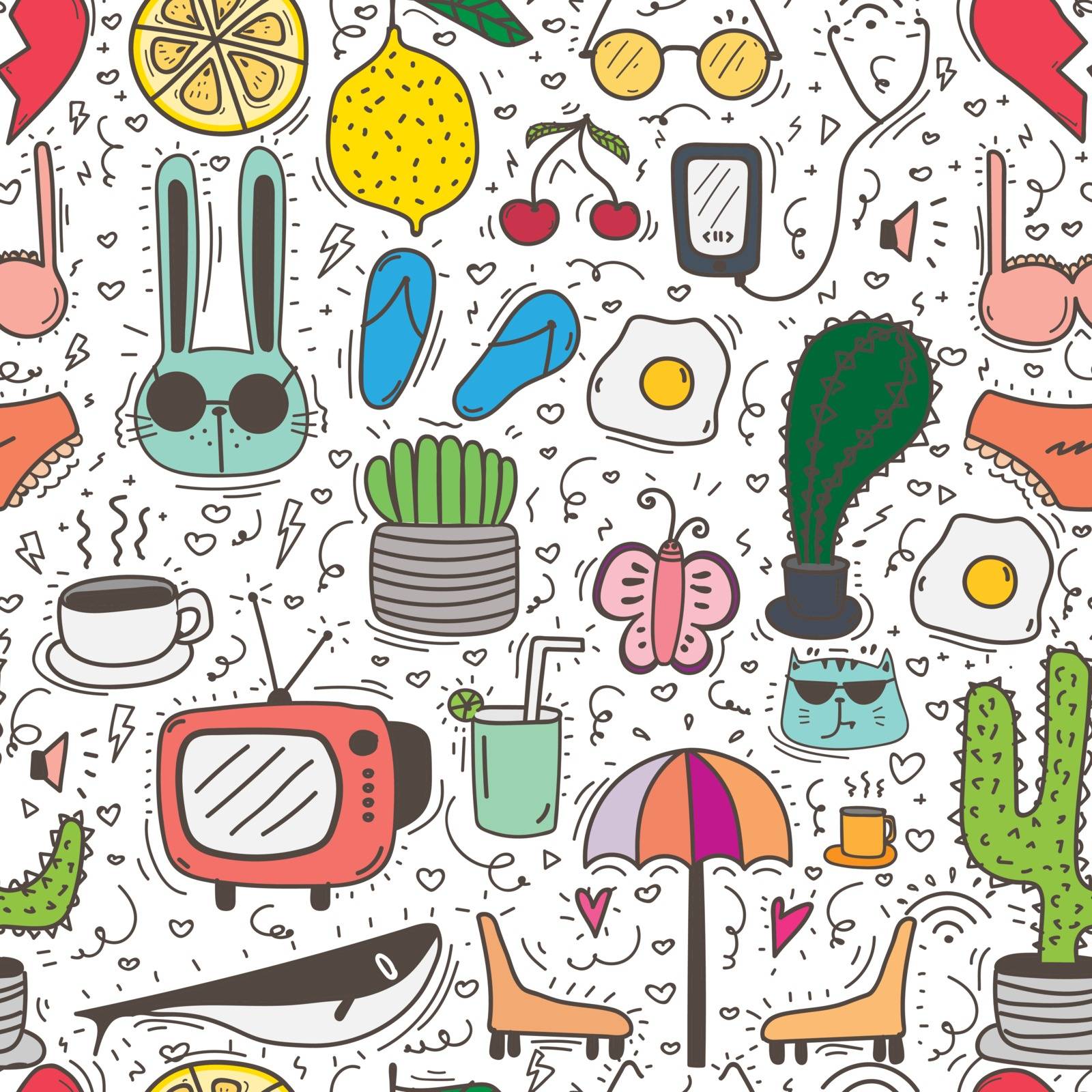 Doodle Cartoon Seamless Pattern Background For Kid. Vector illustration for fabric and gift wrap paper design. by Oneywhy