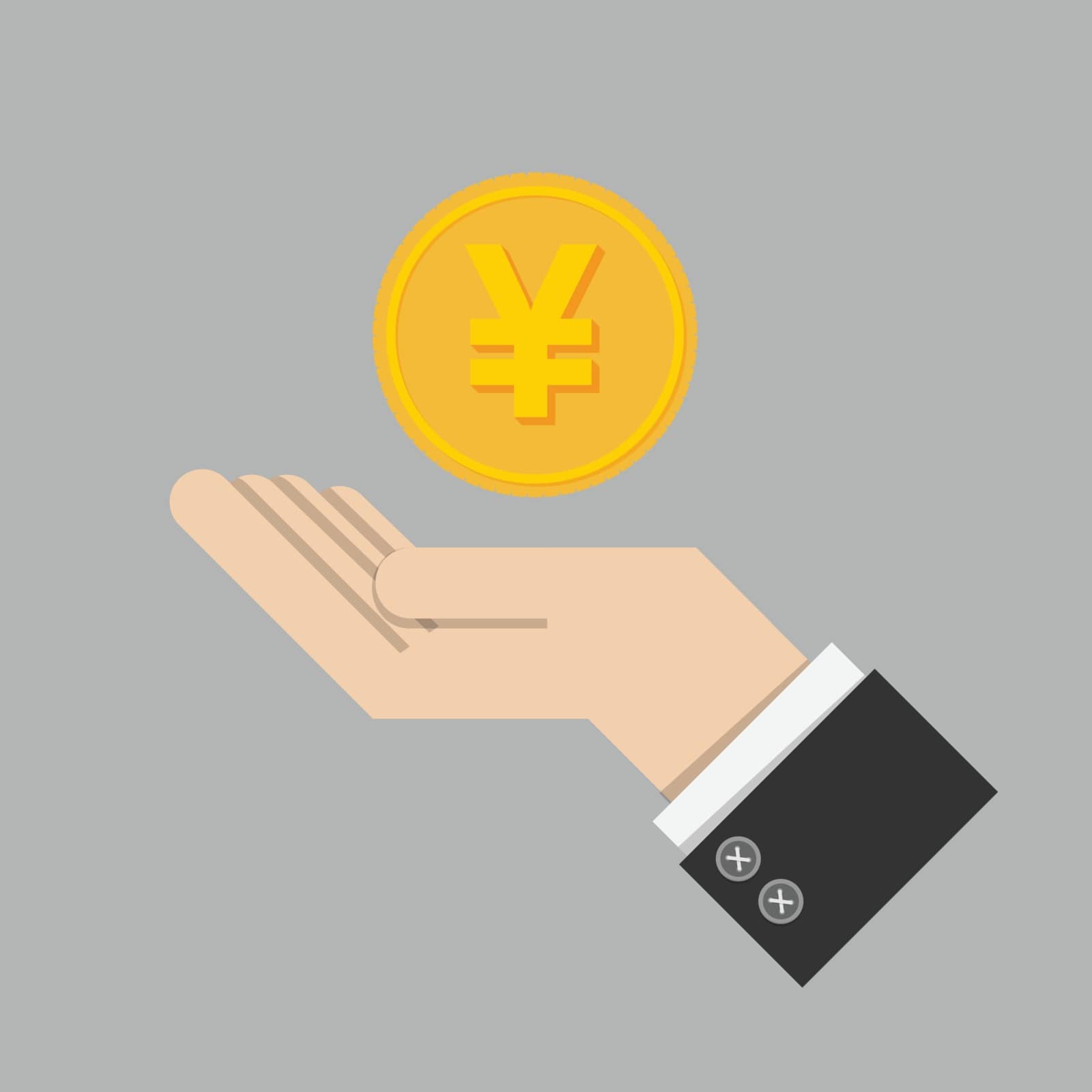 investment return concept. gold coin with sign of Japanese Yen currency on hand, palm of businessman. invest growth, finance plan, personal management, investment portfolio. vector illustration EPS10 by asiandelight