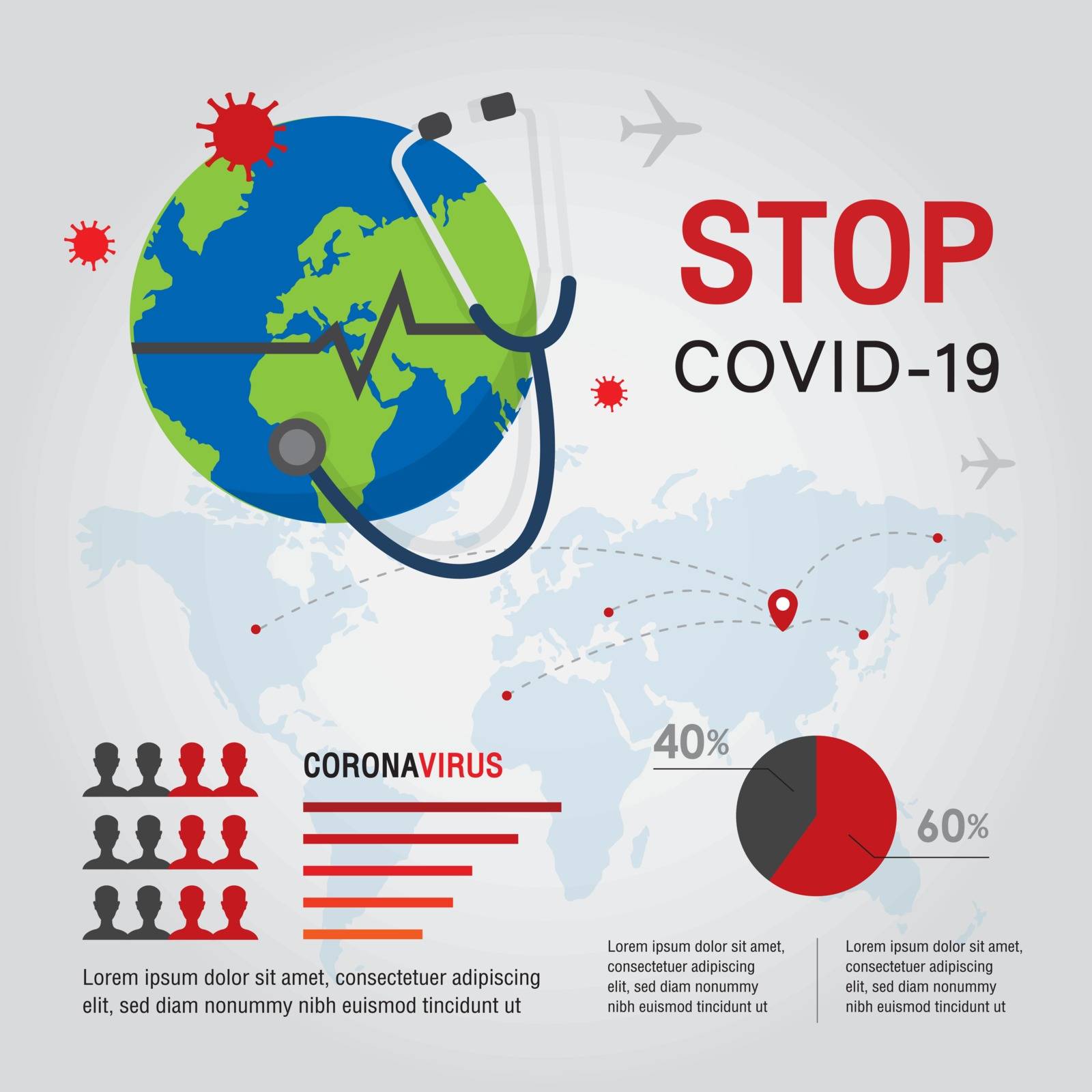 Coronavirus COVID-19 Flu spreading around the world. Stop Covid-19 Vector illustration.