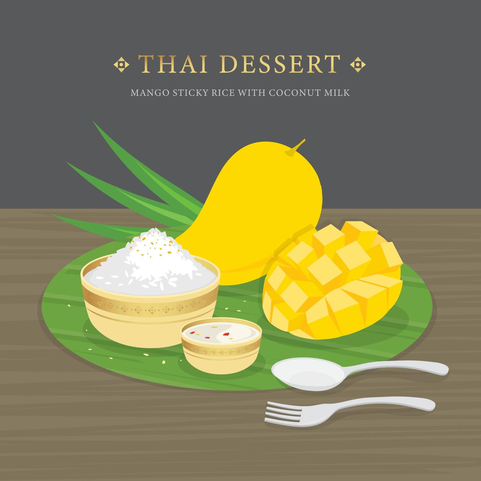 Thai Dessert, Mango and sticky rice with coconut milk and mango sauce. Cartoon Vector illustration