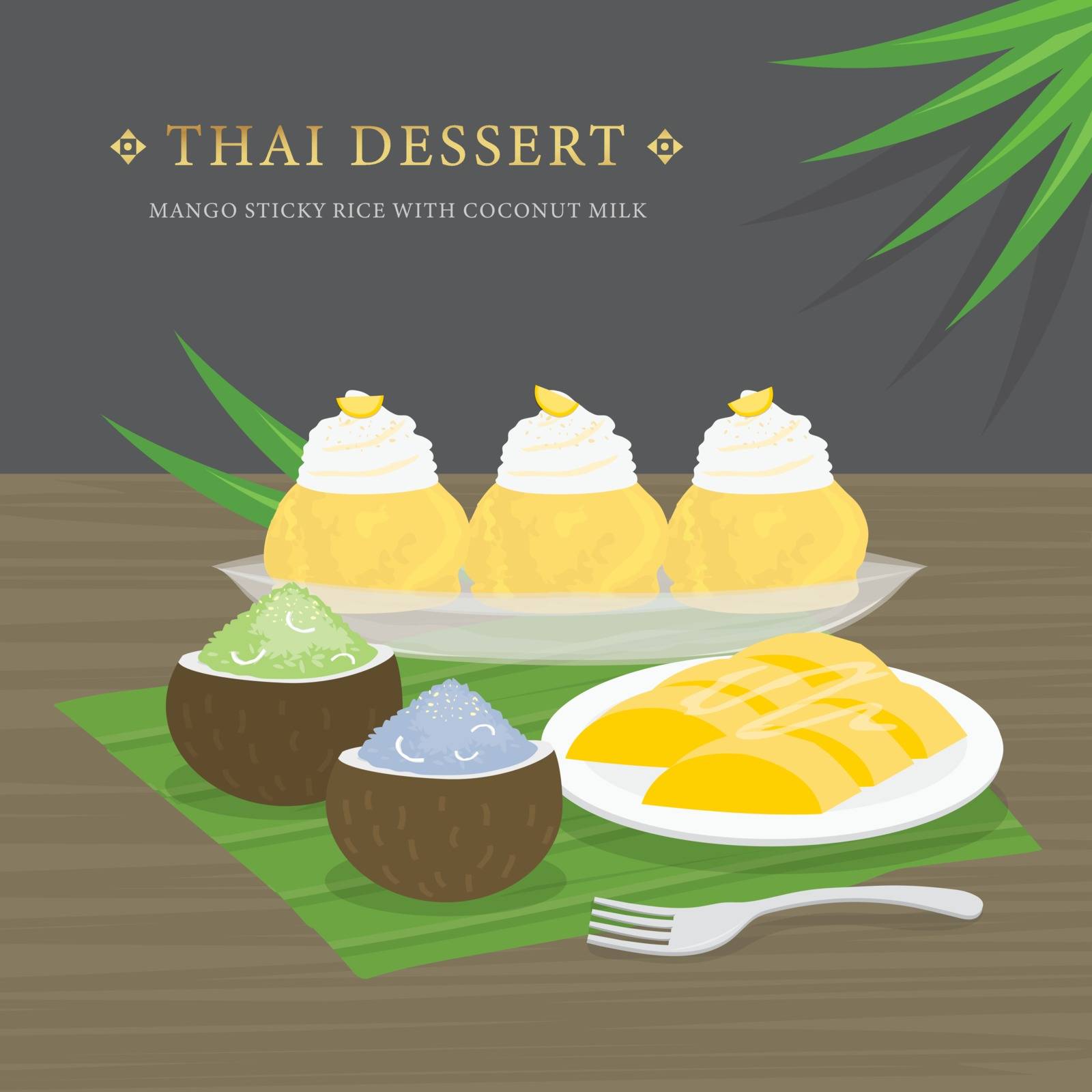 Thai Dessert, Mango and sticky rice vector. by Ienjoyeverytime