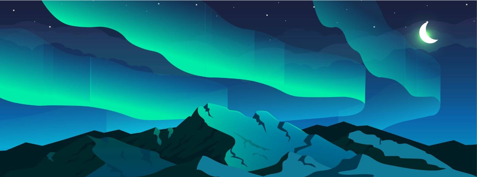 Aurora borealis phenomenon flat color vector illustration. Northern lights in sky and snowy mountain 2D cartoon night winter landscape with crescent moon and starry sky on background