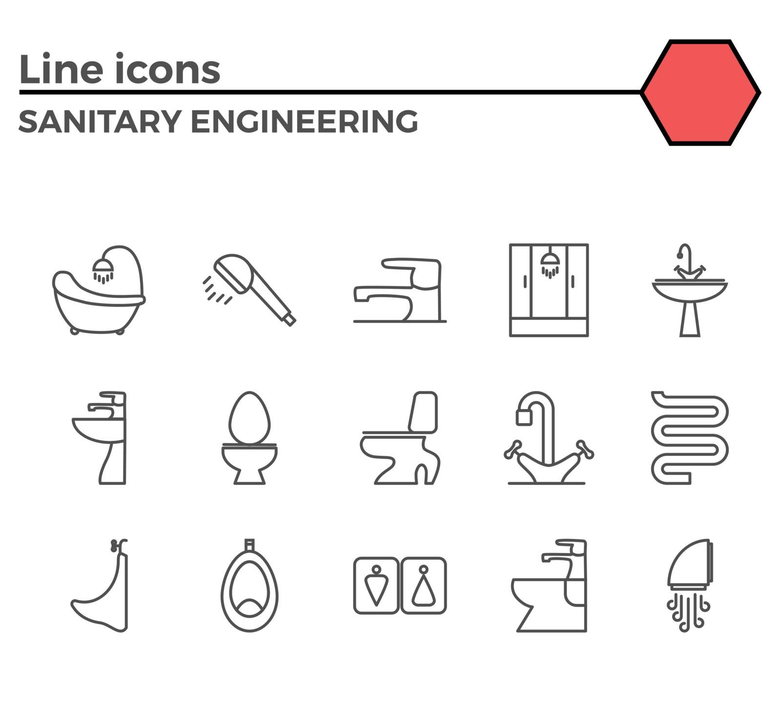 Sanitary Engineering Thin Line Related Icons Set on White Background. Simple Mono Linear Pictogram Pack Stroke Vector Logo Concept for Web Graphics.