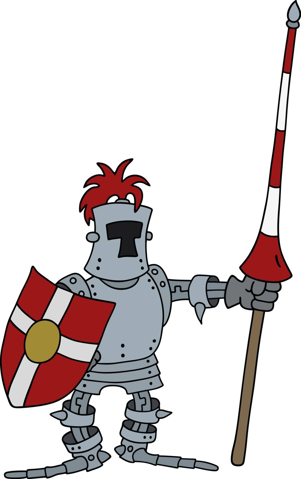 The vectorized hand drawing of a funny knight with a shield and lance