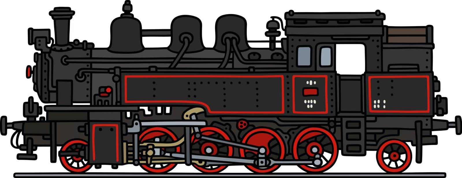 The vectorized hand drawing of a classic black steam locomotive