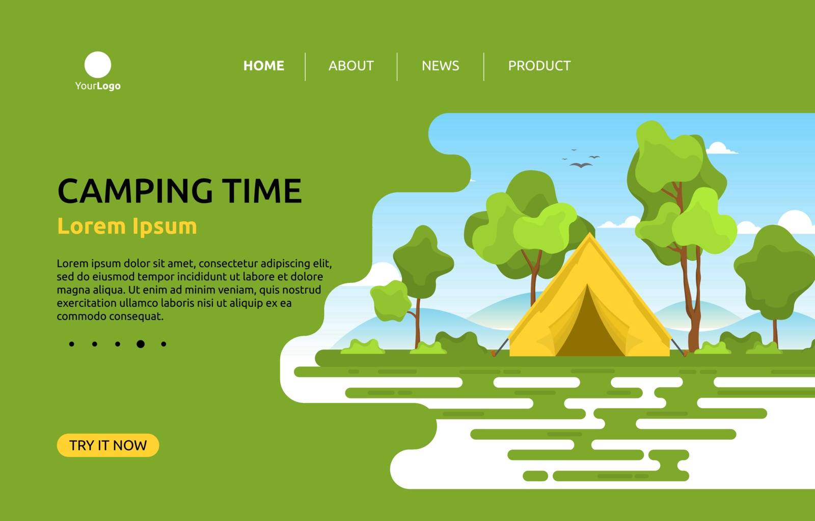 Camping Adventure Summer Nature Landscape Cartoon Landing Page Web Template