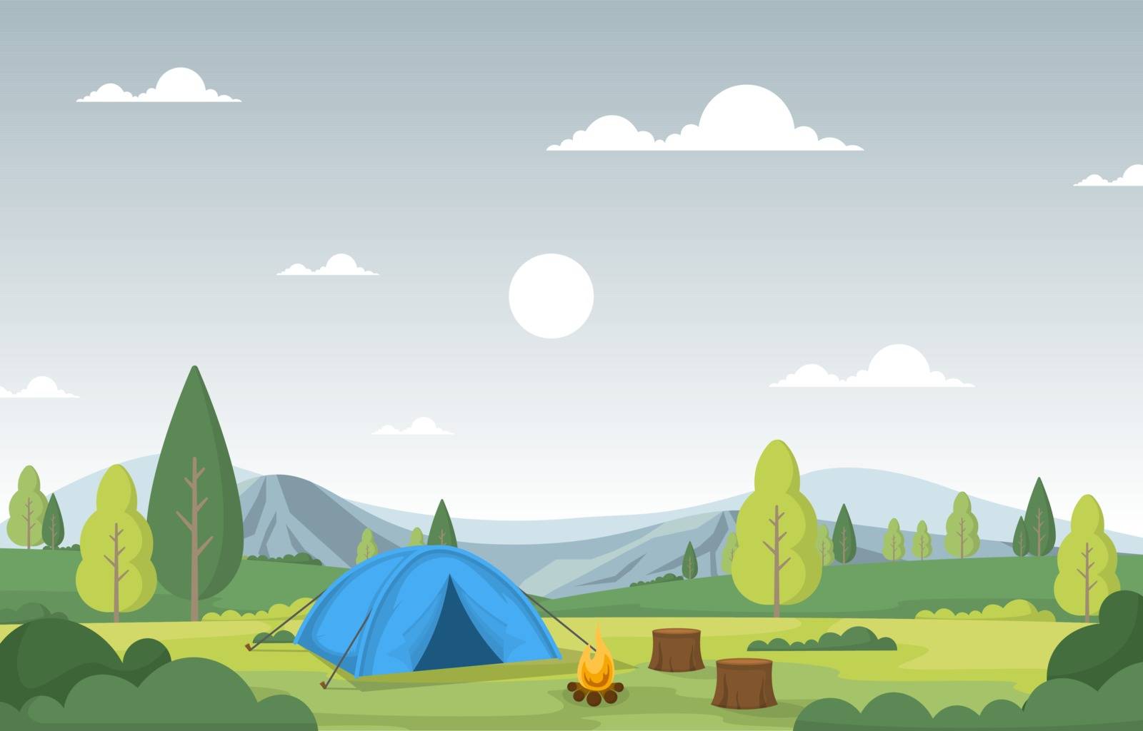 Camping Adventure Outdoor Park Mountain Nature Landscape Cartoon Illustration
