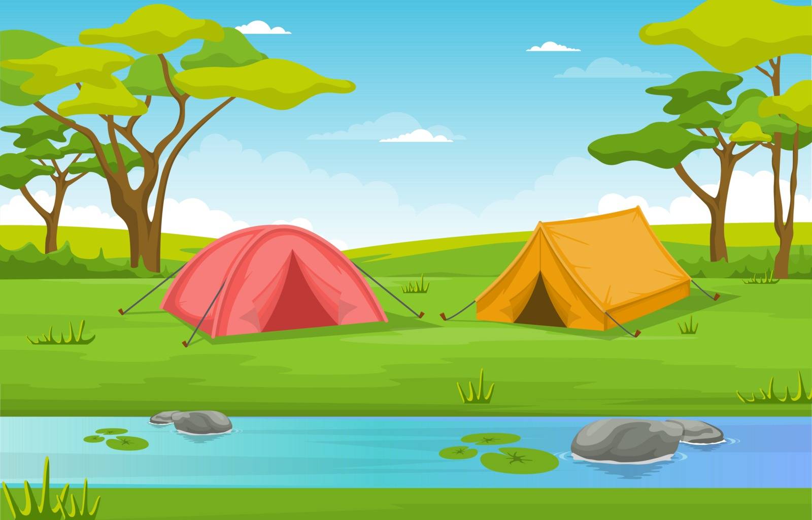 Camping Adventure Outdoor Park River Nature Landscape Cartoon Illustration