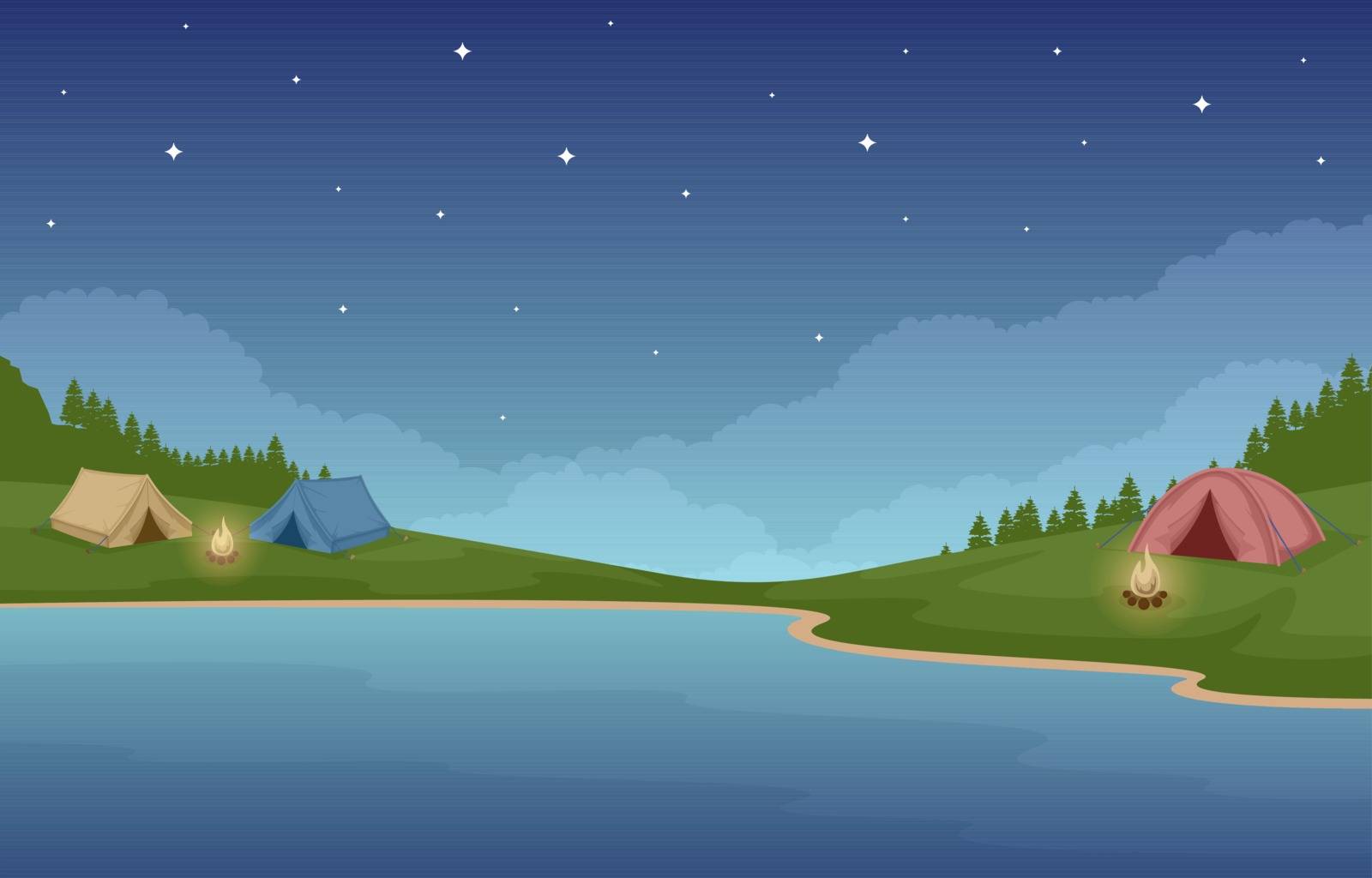 Camping Adventure Outdoor Park Lake Nature Landscape Cartoon Illustration