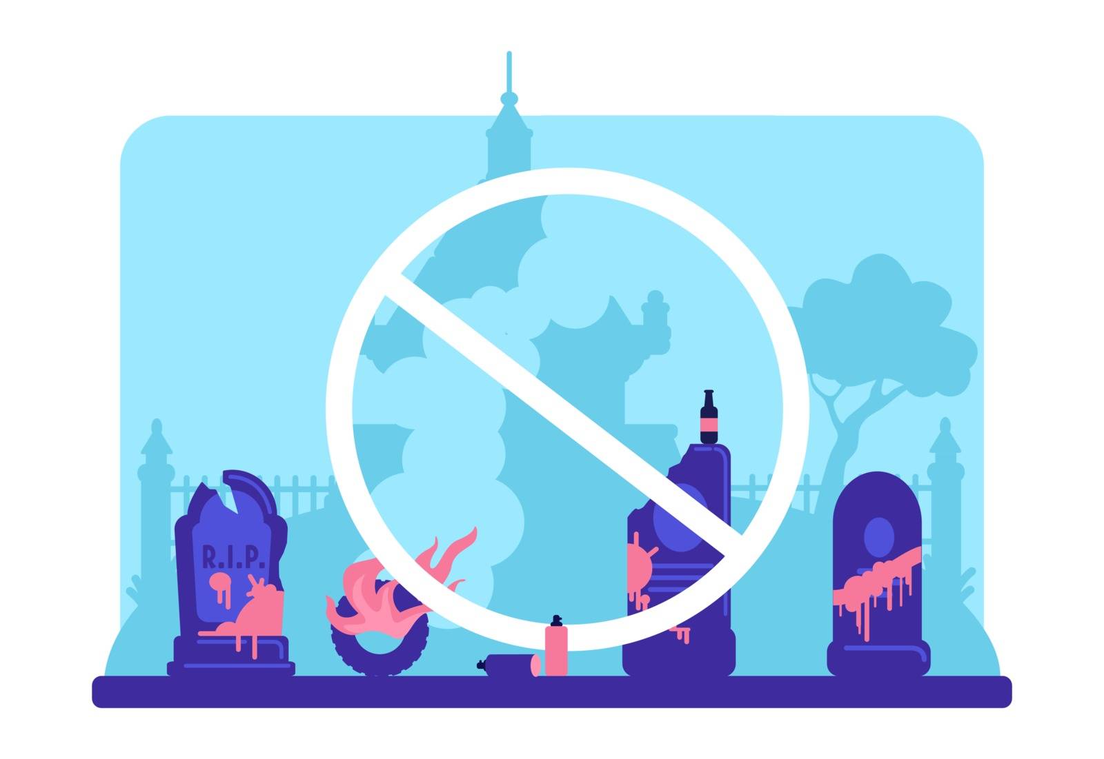Stop vandalism flat color vector illustration. Damaged tombstones in cemetery and prohibition symbol. Graveyard 2D cartoon landscape with burning gravestone and trees on background