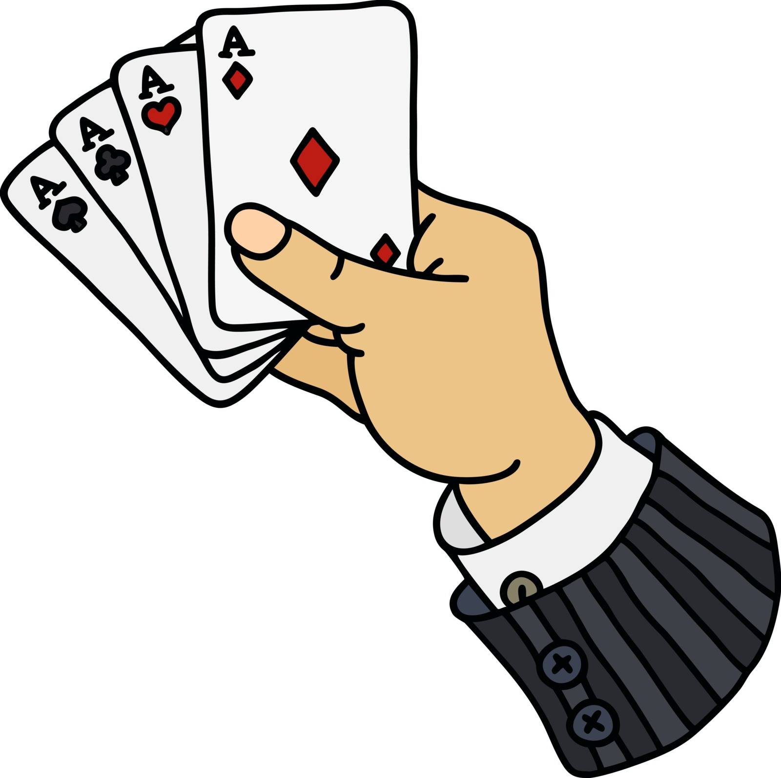 Funny hand drawing of four aces in hand