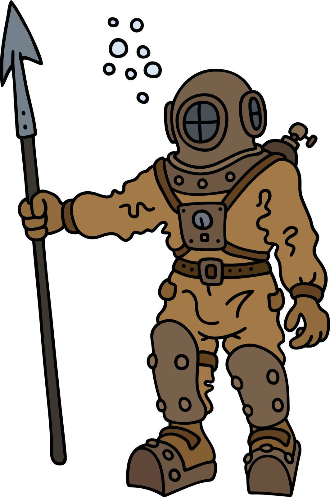 Hand drawing of a vintage underwater deep diver with a harpoon
