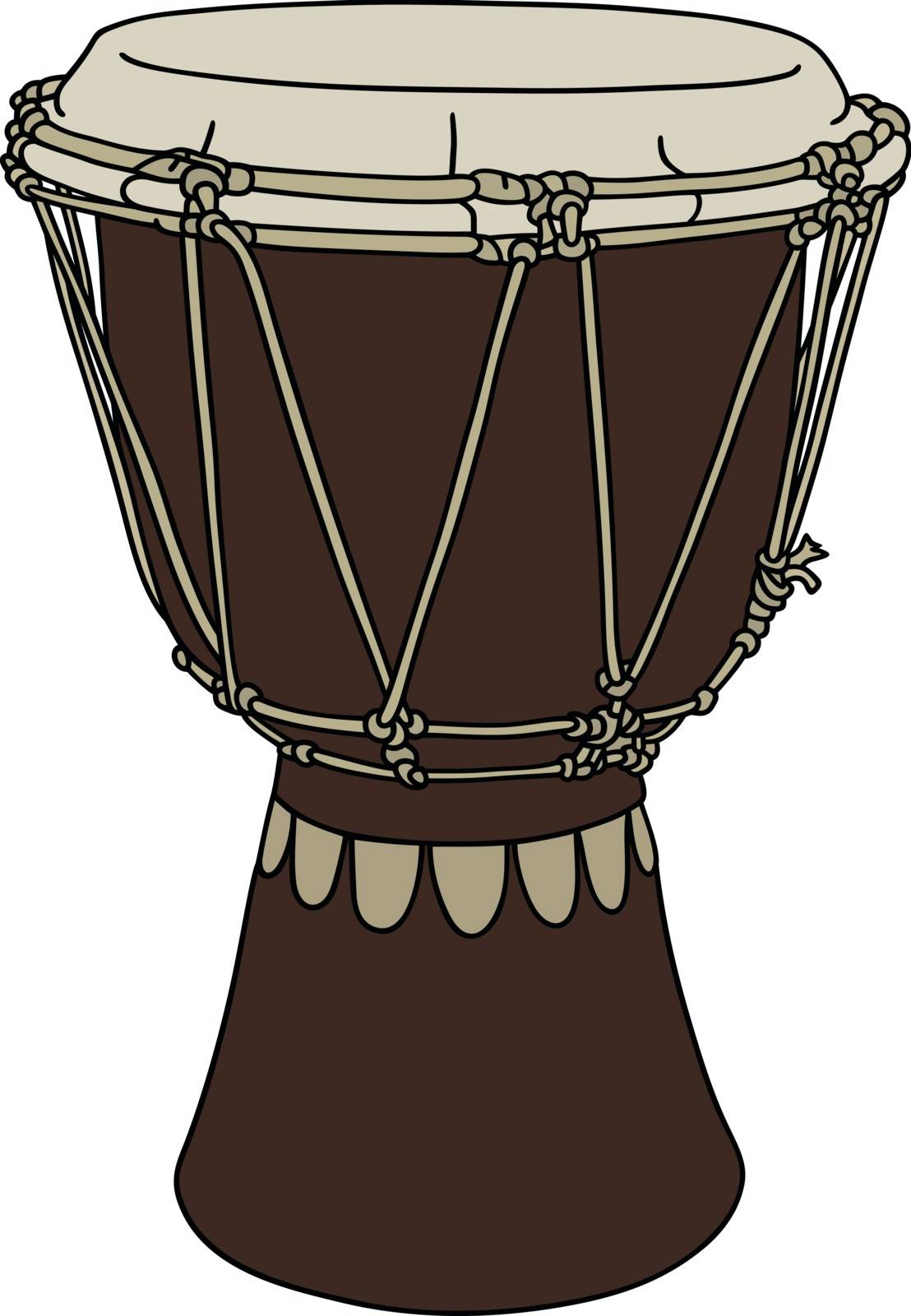 Hand drawing of a dark brown wooden small ethno drum