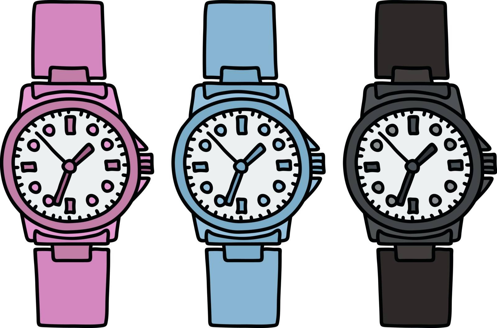 The hand drawing of three color plastic wrist watches