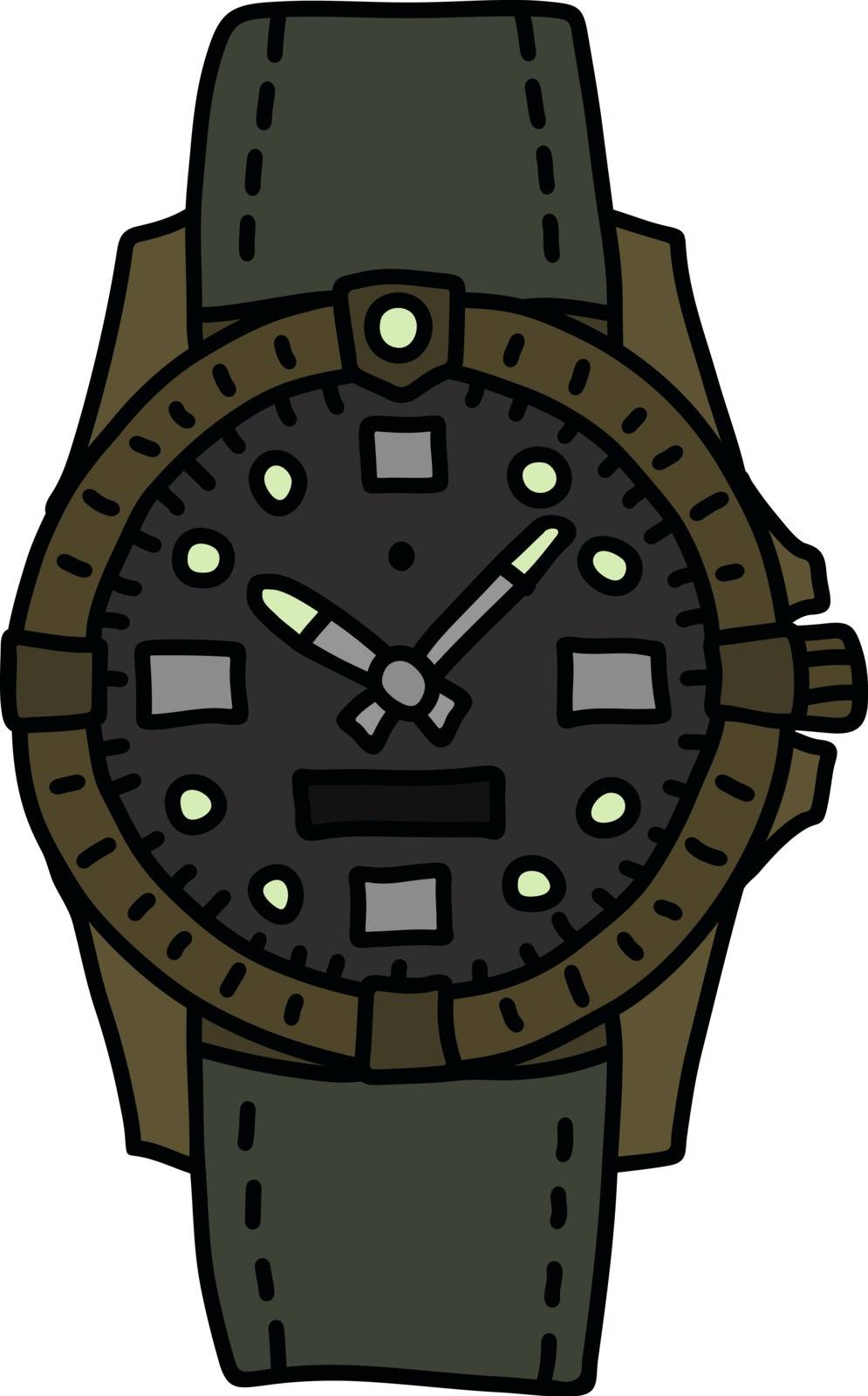 The hand drawing of a sports waterproof wristwatch with the green textile strap