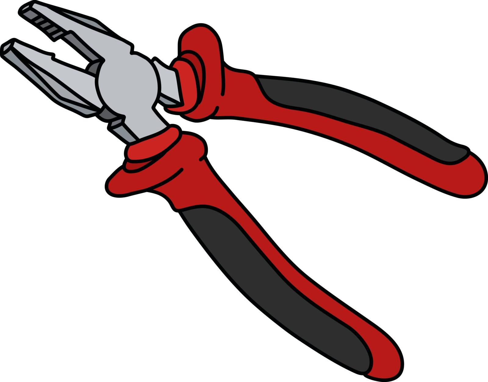 The hand drawing of a combination pliers with red plastic handle