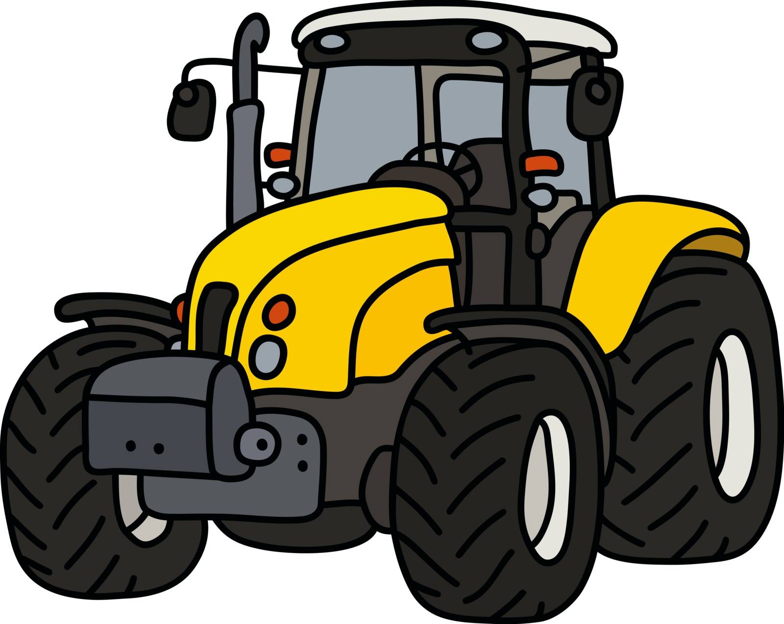 The hand drawing of a yellow heavy tractor