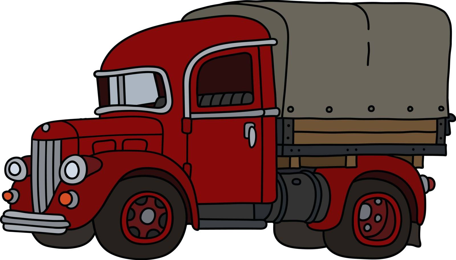 The vectorized hand drawing of a vintage red delivery truck