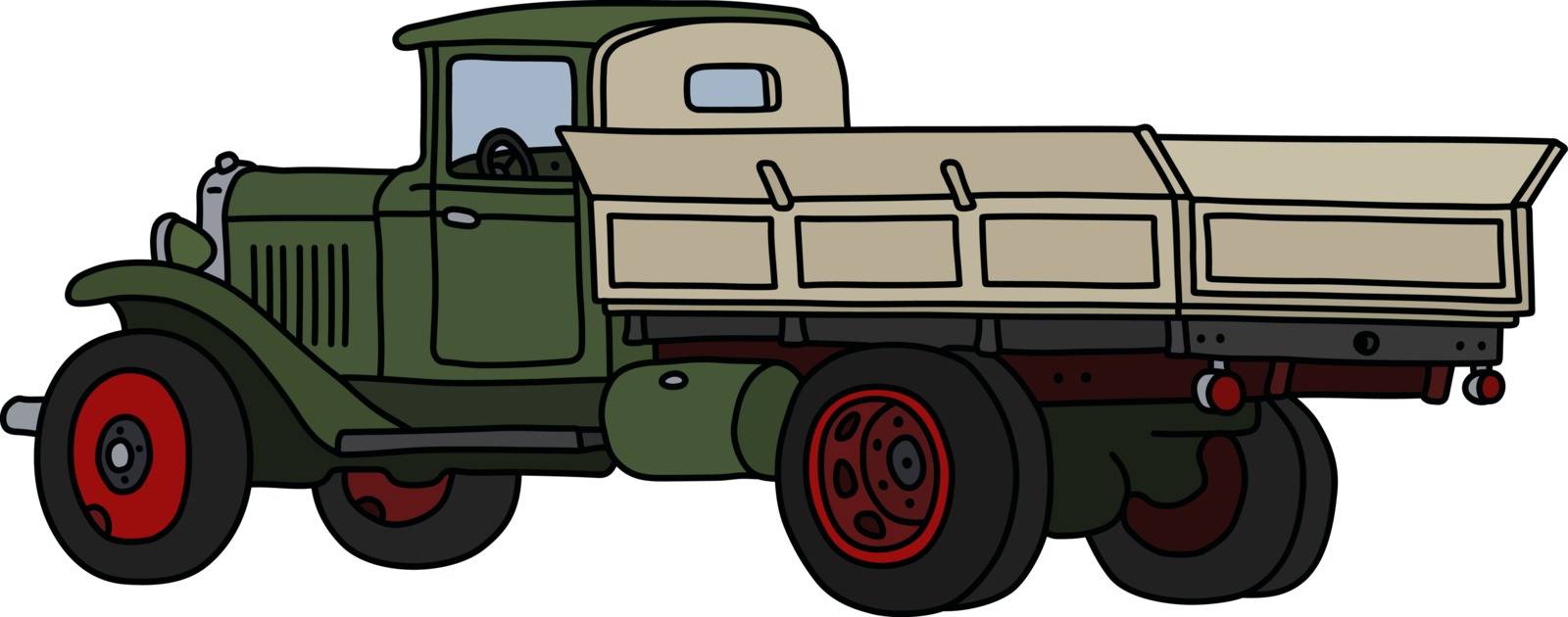 The vectorized hand drawing of a classic green lorry