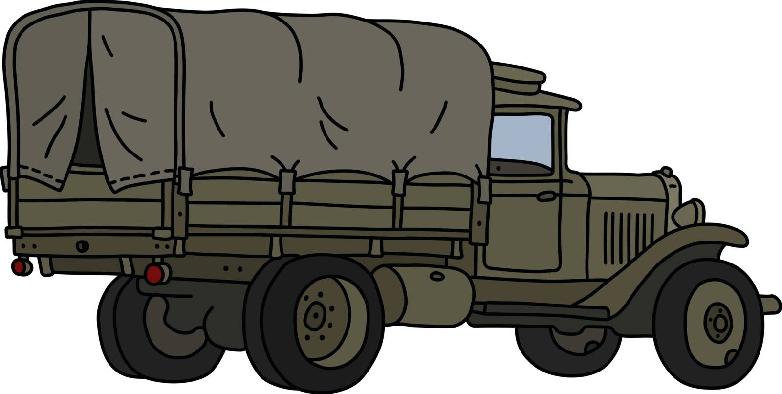 The vectorized hand drawing of an old khaki military truck