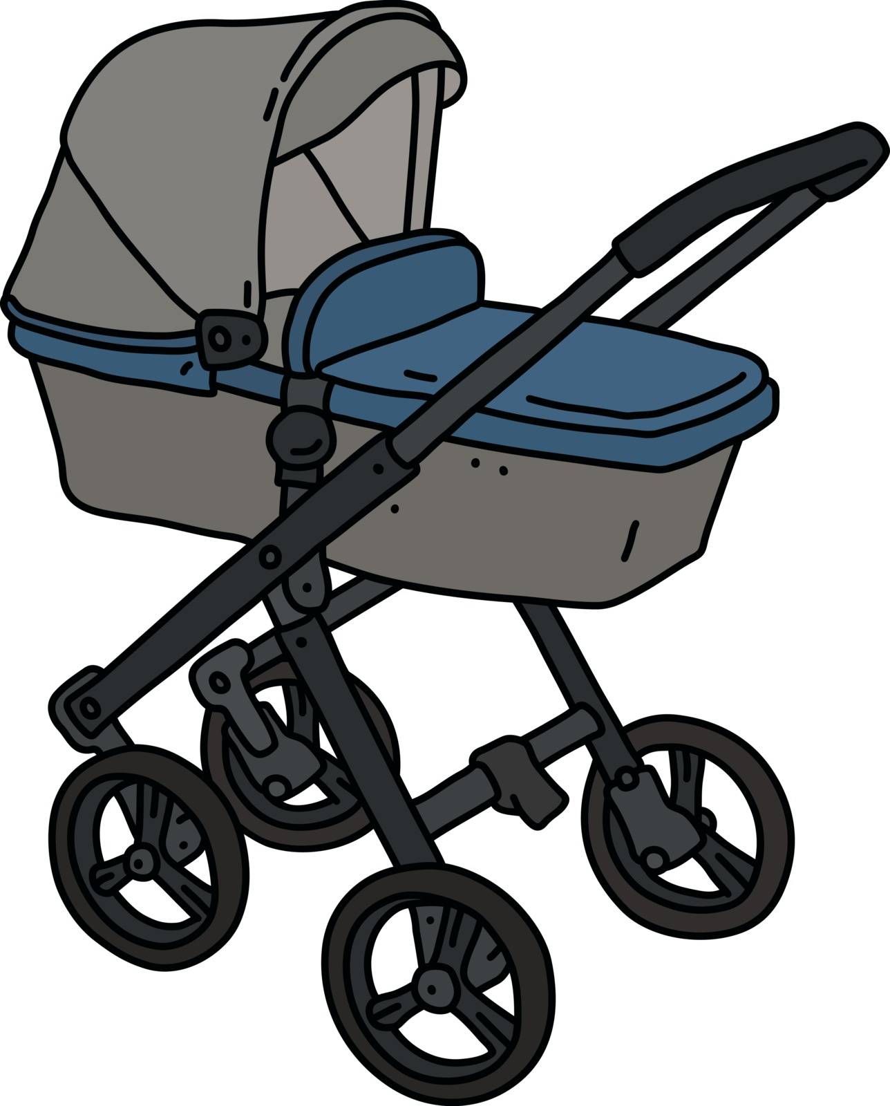 The vectorized hand drawing of a blue and gray stroller