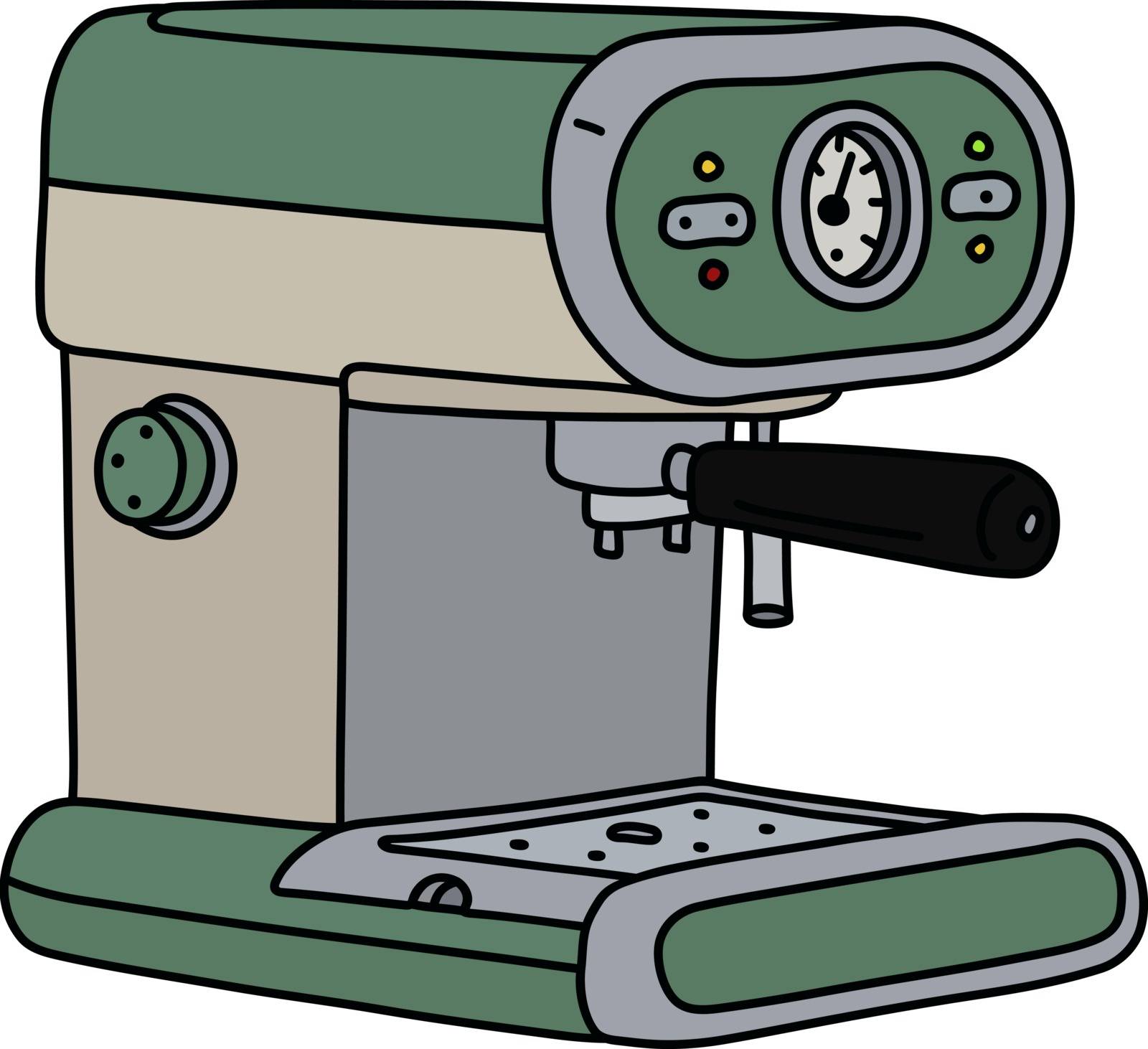 The vectorized hand drawing of a retro green and cream electric espresso maker