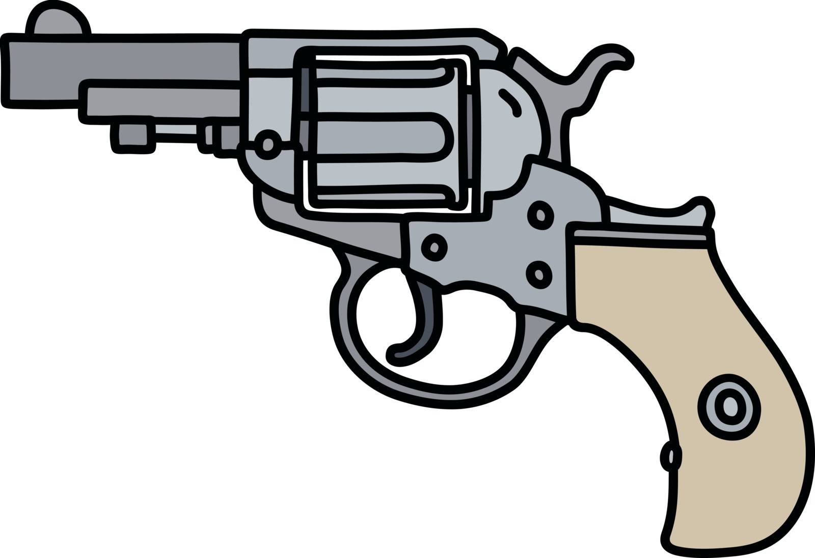 The hand drawing of a classic steel short revolver