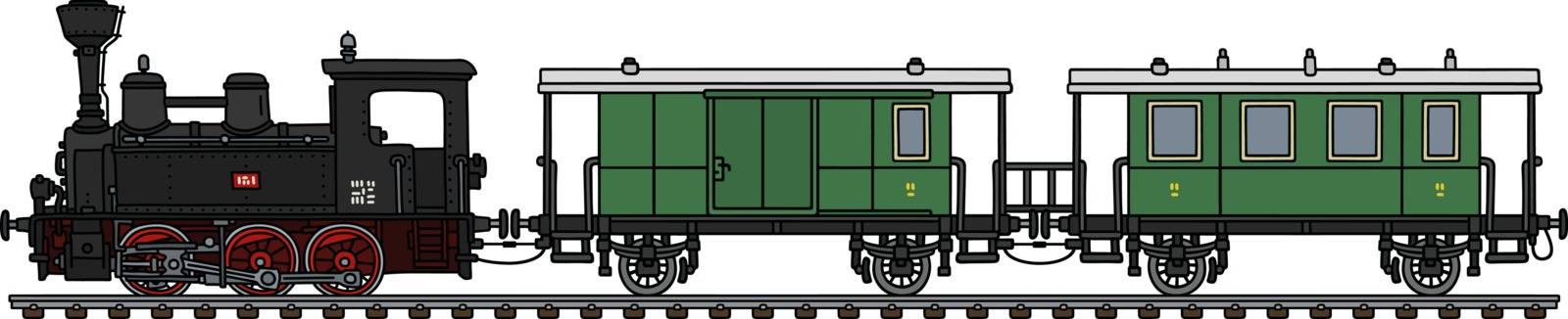 The vectorized hand drawing of a vintage small personal steam train