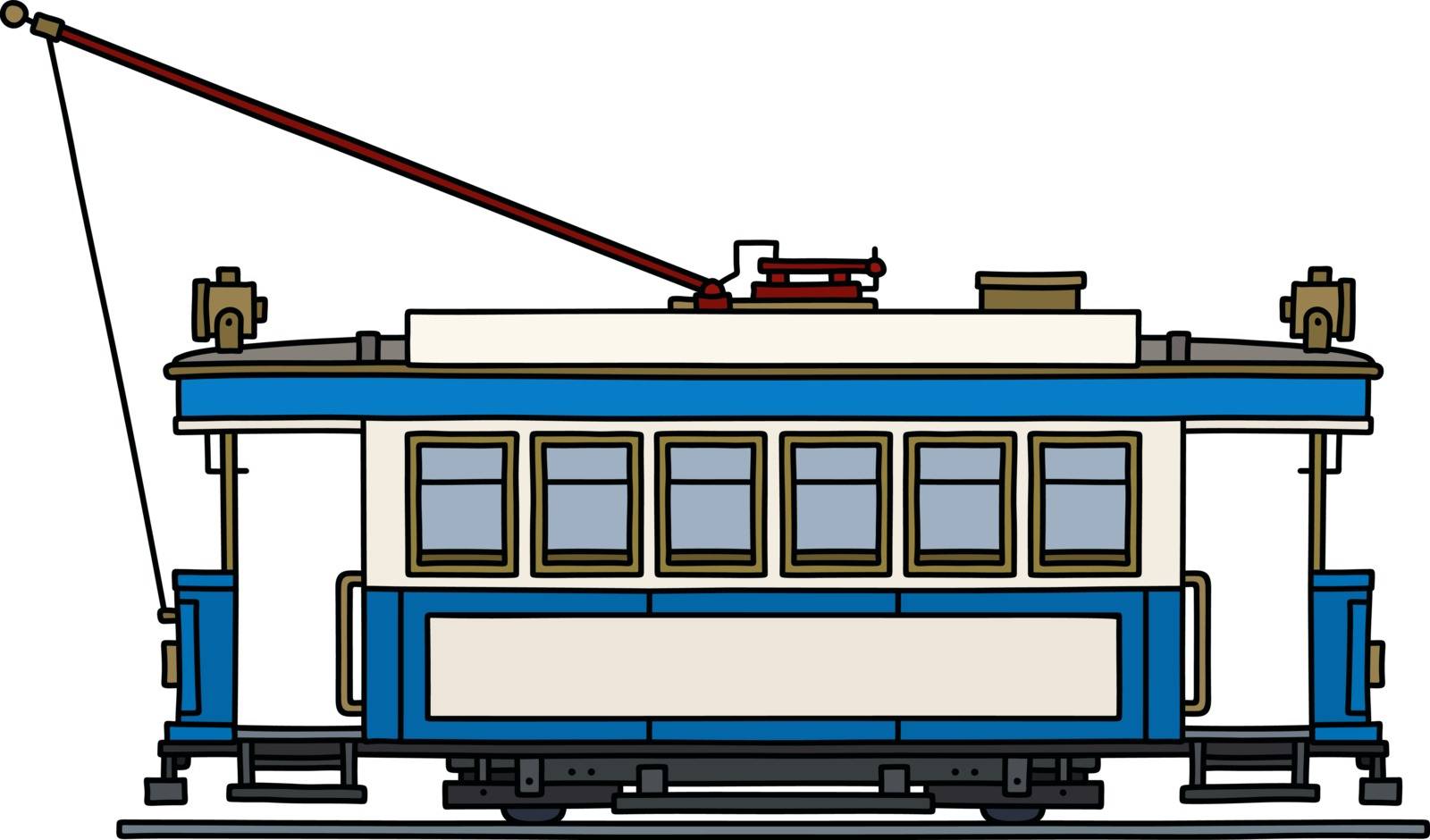 The vectorized hand drawing of a classic blue and white tramway