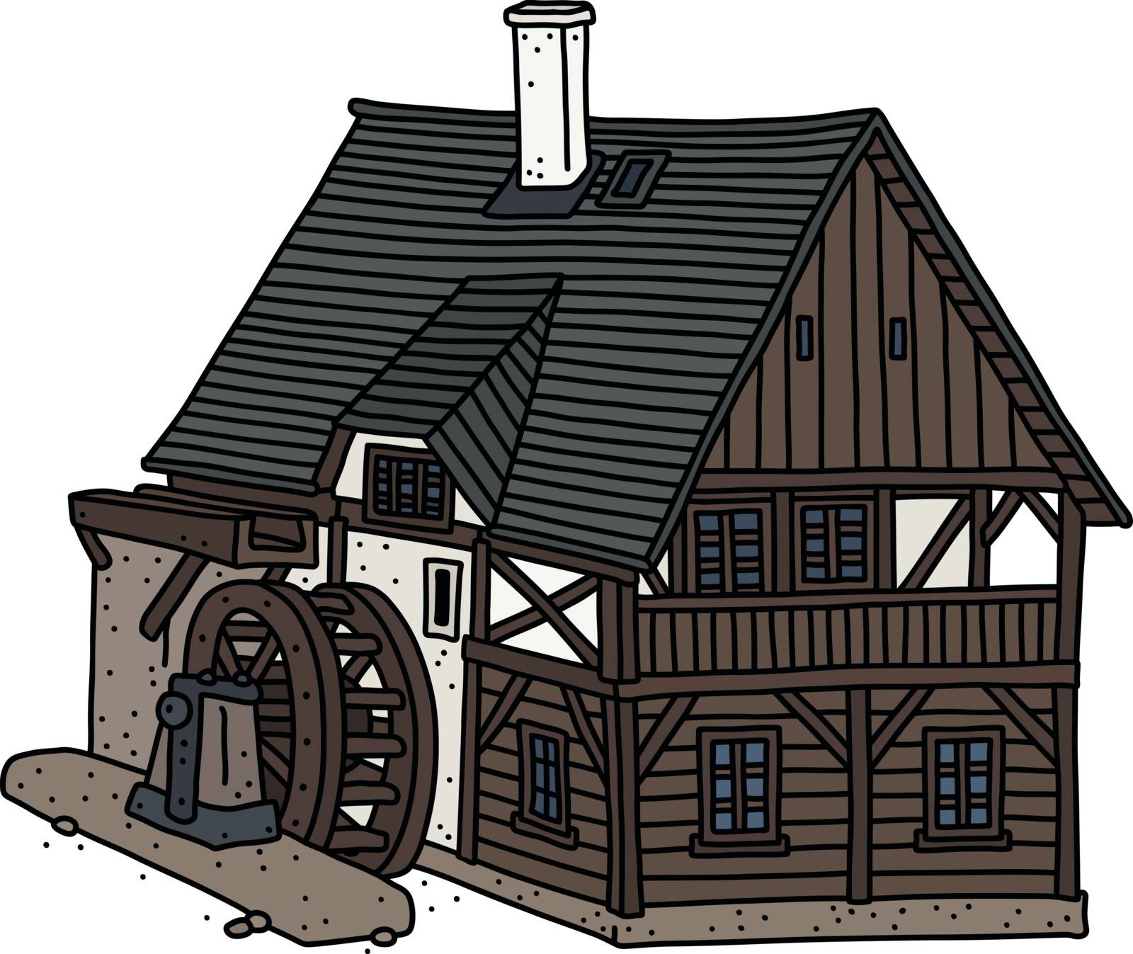 The vectorized hand drawing of a historical half timbered watter mill