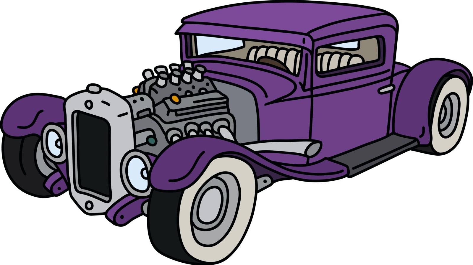 The vectorized hand drawing of a funny violet hotrod