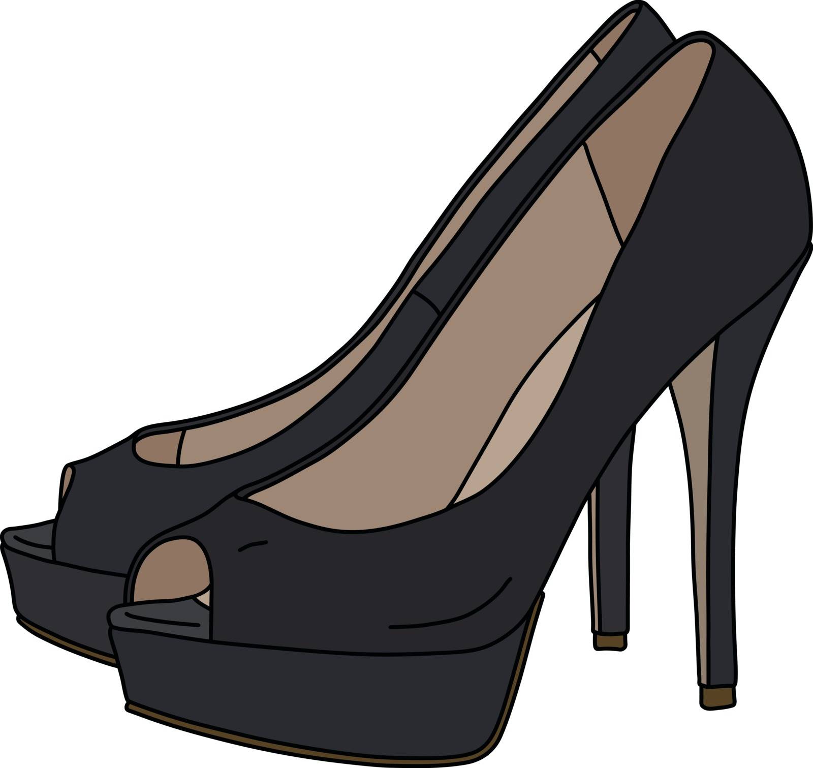 The vectorized hand drawing of black womans shoes on high heels