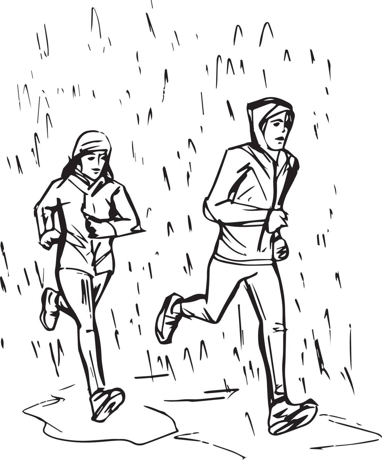 Sketch of Runners in Rain vector illustration