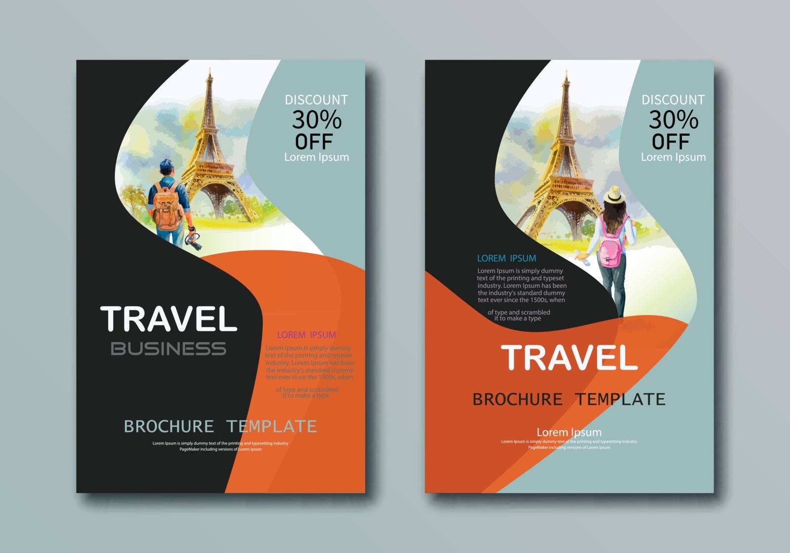 Sample presentation brochure cover design layout space for travel business, Advertising design with watercolor background, Vector illustration template in A4 size for catalog, newsletter, website.