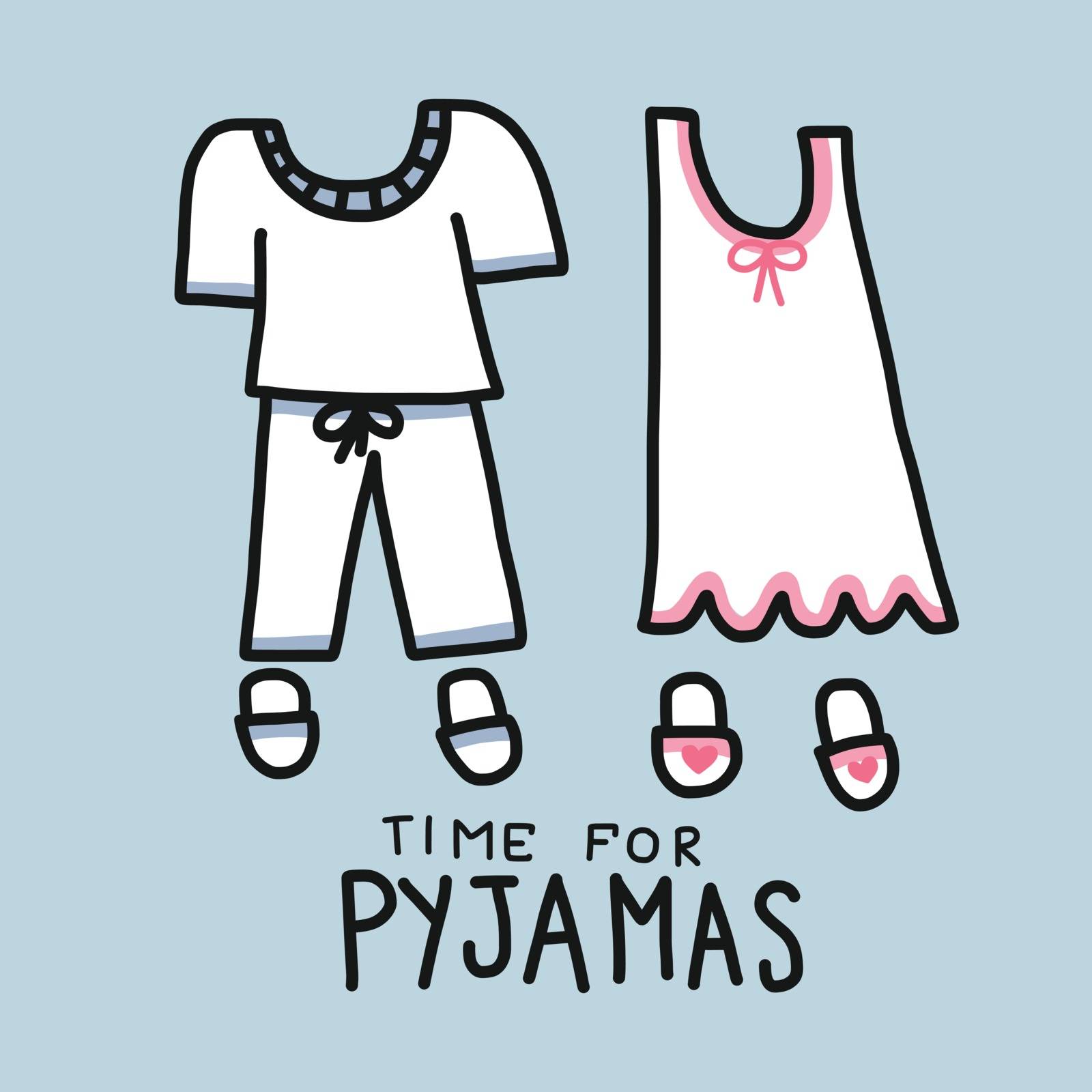 Time for Pyjamas (Pajamas) word and cartoon vector illustration