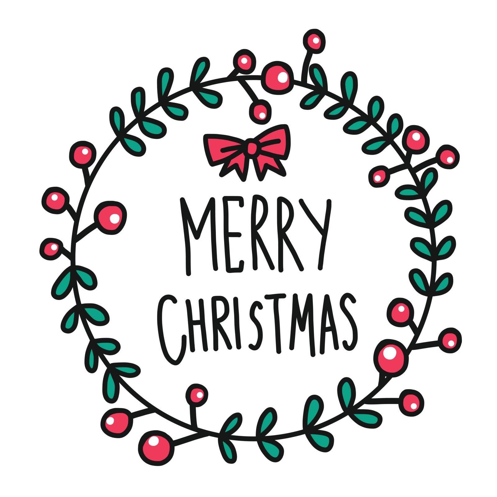 Merry Christmas word in cure flower wreath doodle style vector illustration