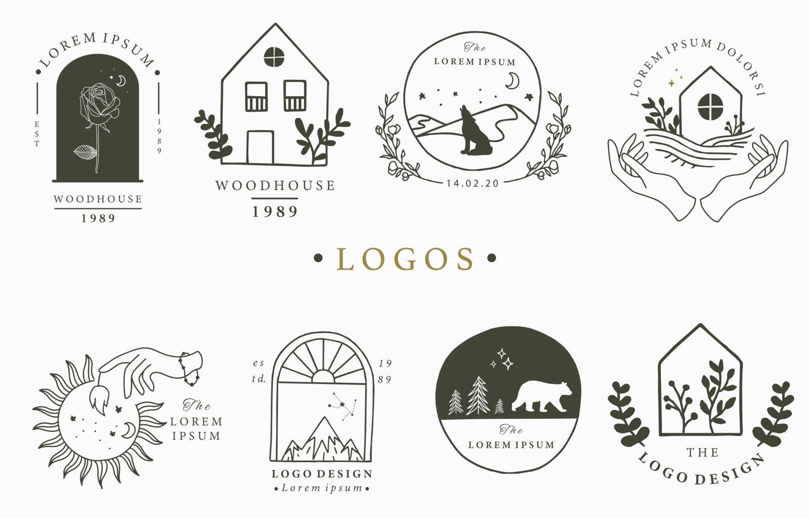 Beauty occult logo collection with hand,heart,flower,house in circle.Vector illustration for icon,logo,sticker,printable and tattoo
