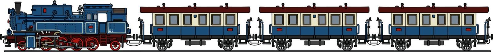 The vectorized hand drawing of a classic blue passenger 
steam train