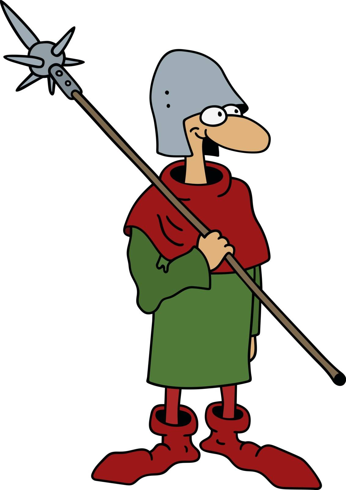 The vectorized hand drawing of a funny historical soldier with a lance